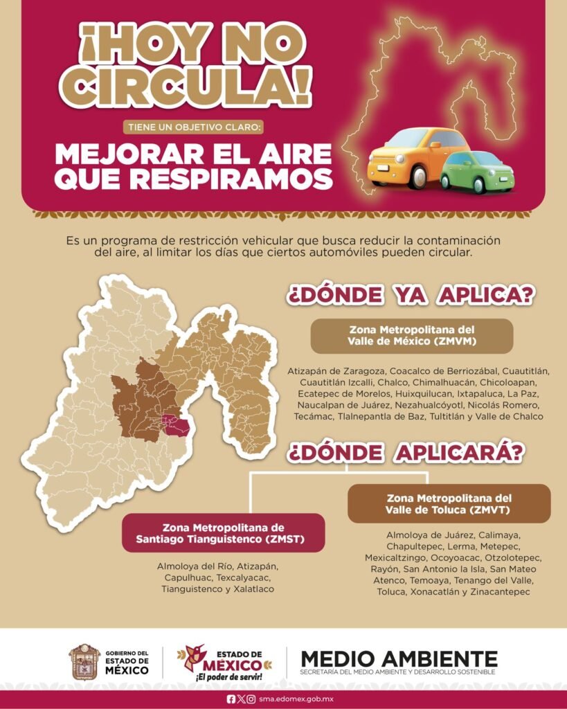 A partir del 1° de julio de 2025 entra en vigor el Programa Hoy No Circula en las zonas metropolitanas del Valle de Toluca.
